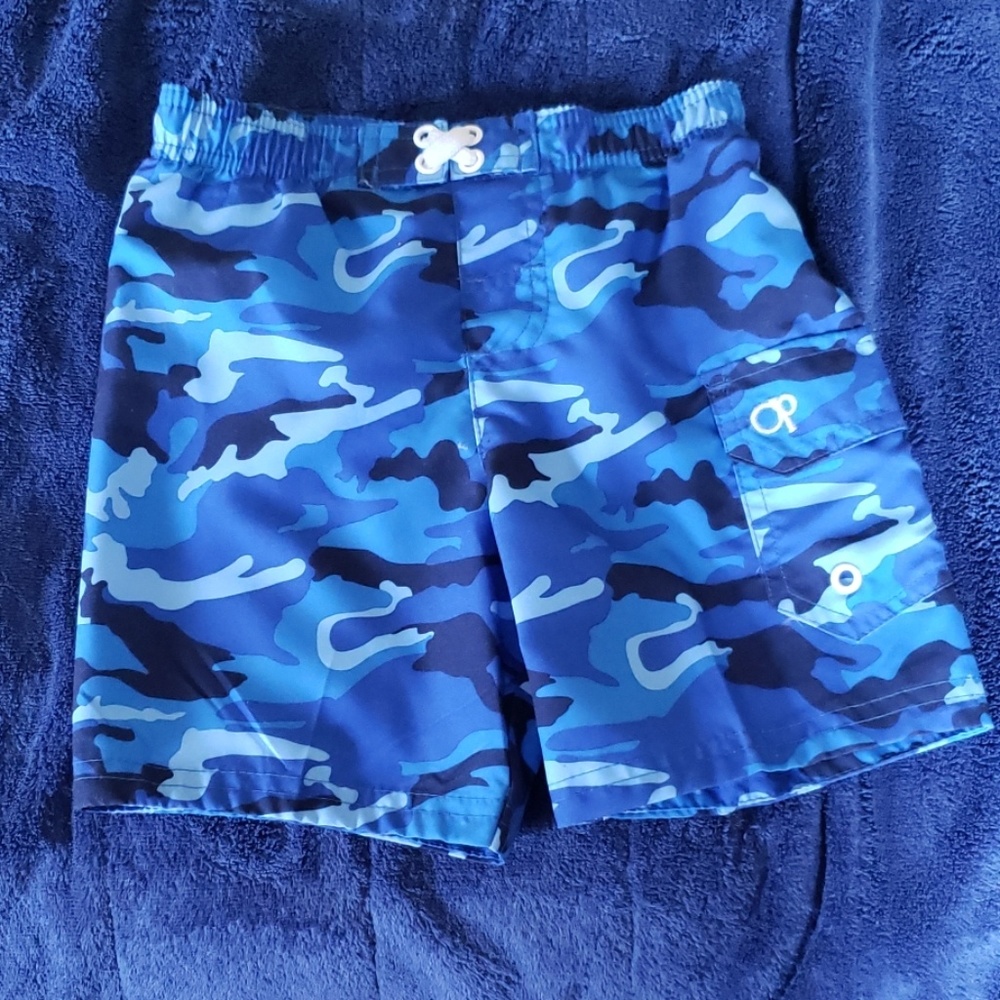 Blue camo swim shorts for baby